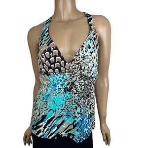 Jantzen Tankini Swim Top Size 12 Blue & Brown Pattern Built in Padded Bra